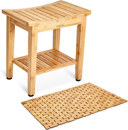 Bamboo Adjustable Water Resistant Shower Bench (19”x18”x12”) & Mat (16”x27”) with Non Slip Grips