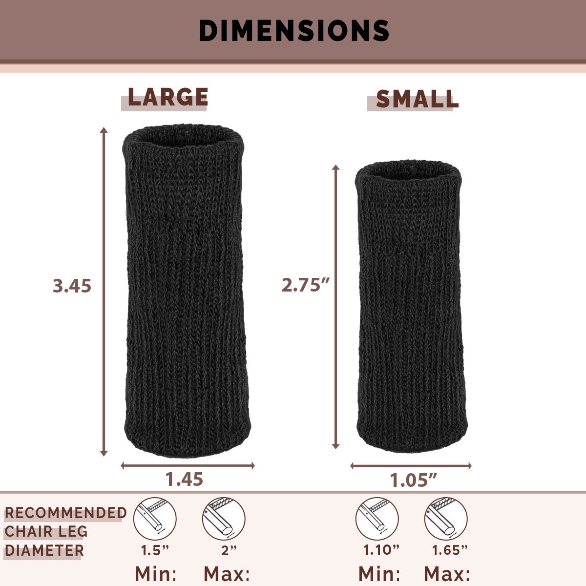 
                  
                    Morvat Black/Brown Furniture Leg Socks for Table, Chairs, & Furniture, Small/Large, 32 Pack
                  
                