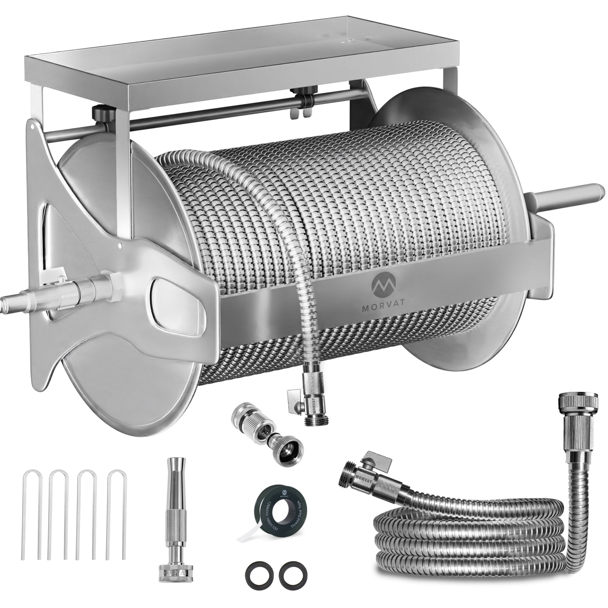 Morvat Stainless Steel Garden Hose Reel with Accessories & Optional 100FT Hose