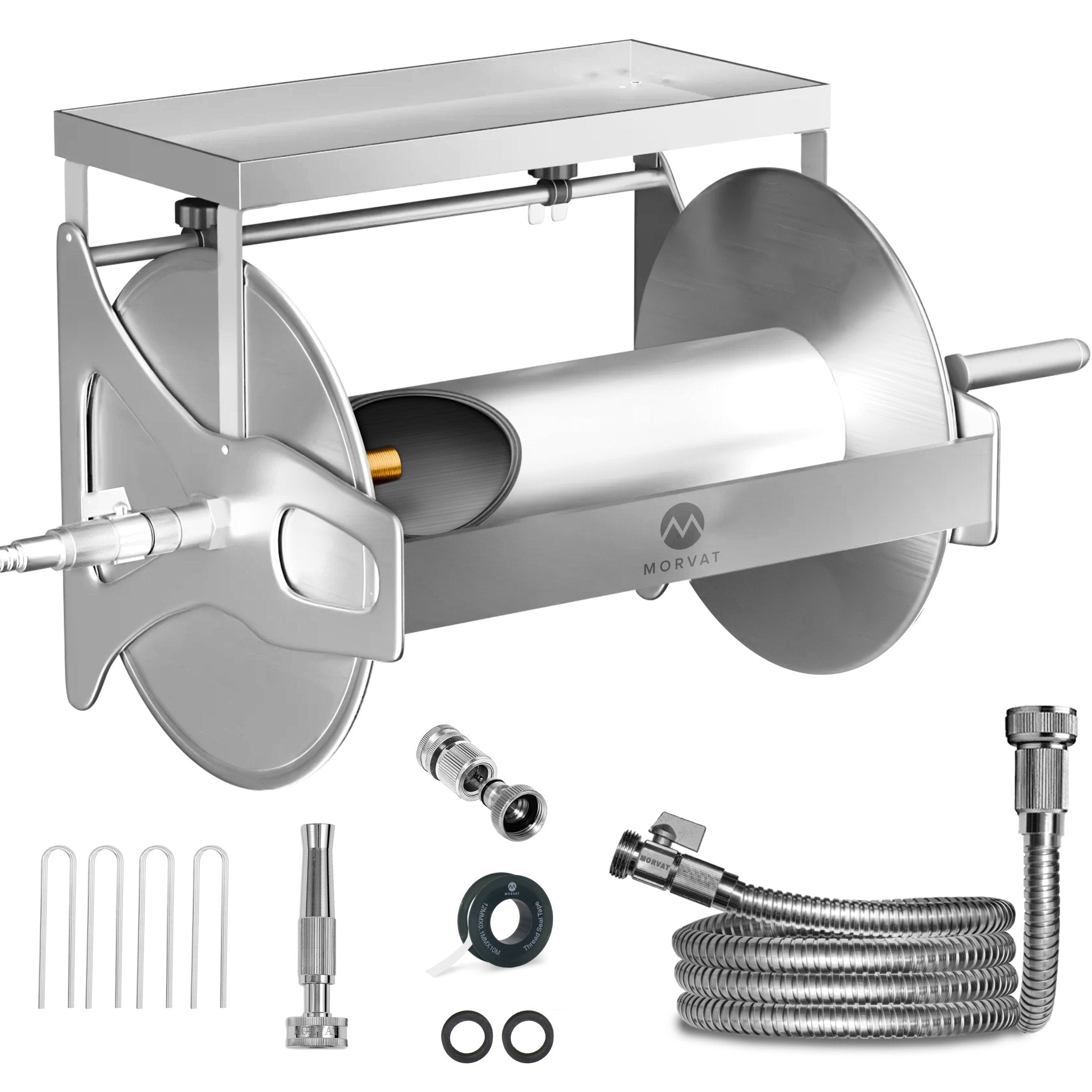 Morvat Stainless Steel Garden Hose Reel with Accessories & Optional 100FT Hose
