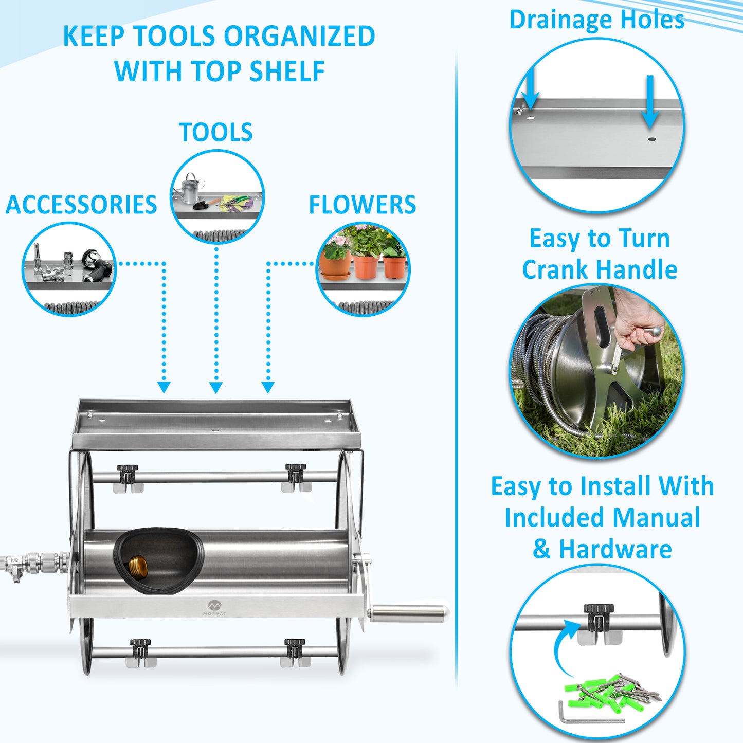 
                  
                    Morvat Stainless Steel Garden Hose Reel with Accessories & Optional Hose
                  
                