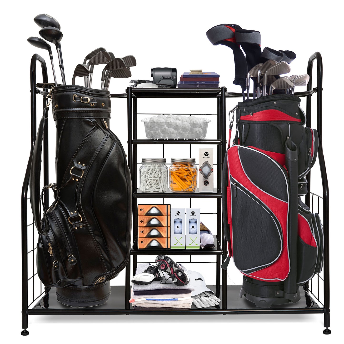 Organizador de golf Morvat Soporte negro de metal doble extra grande La manera perfecta de almacenar y organizar sus bolsas de golf, palos, pelotas, dispositivos, accesorios y equipos en cobertizo, sótano y garaje
