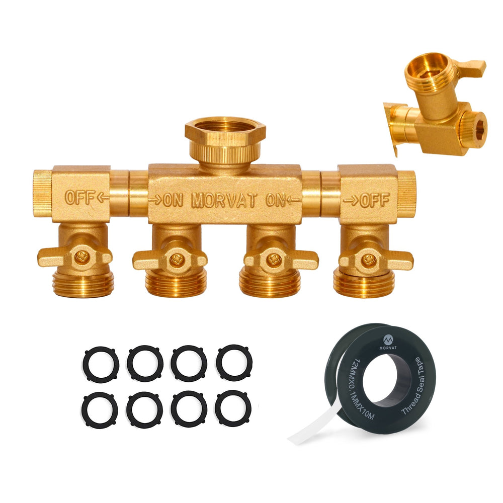 Morvat Brass 4-Way Twist Hose Splitter with Mount Kit, Tape & Rubber Washers