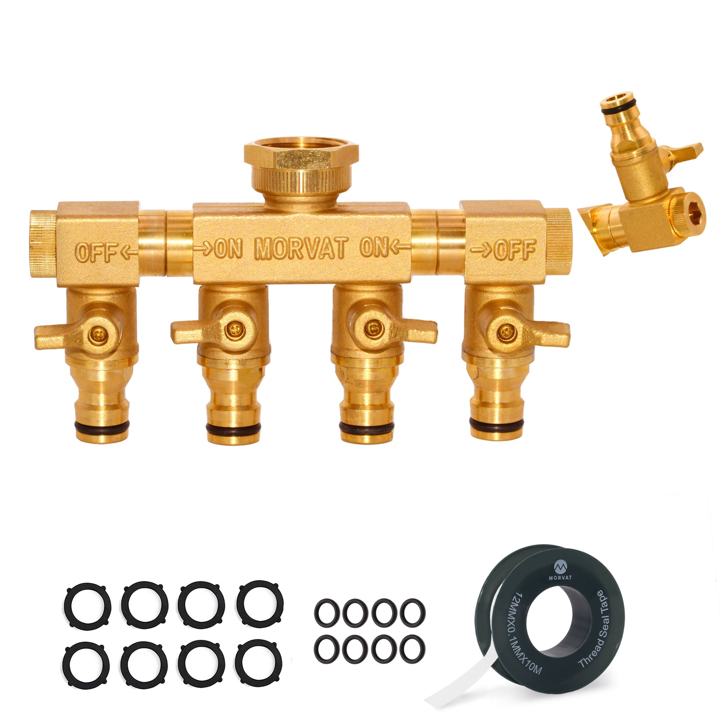 
                  
                    Morvat Brass 4-Way Twist Hose Splitter with Mount Kit, Tape & Rubber Washers
                  
                