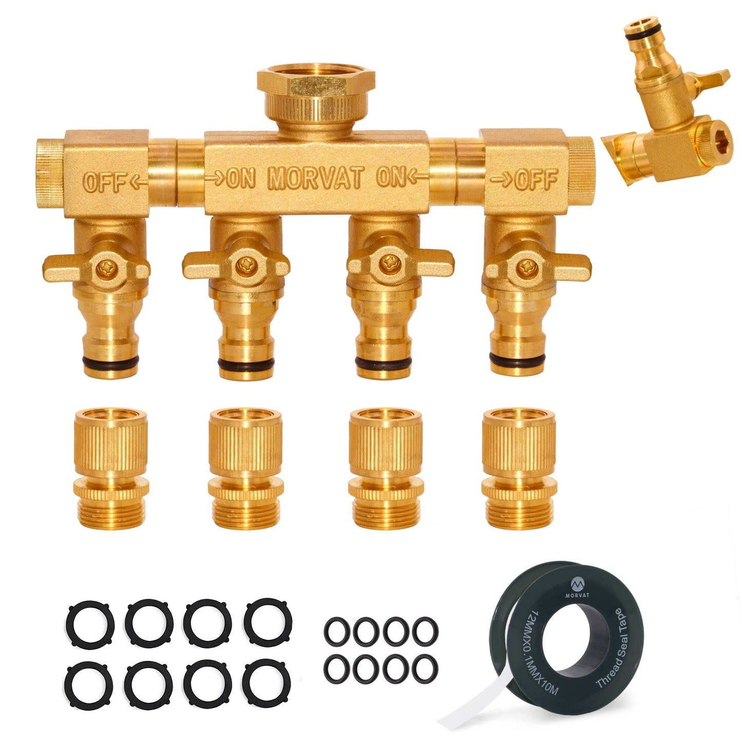 
                  
                    Morvat Brass 4-Way Twist Hose Splitter with Mount Kit, Tape & Rubber Washers
                  
                