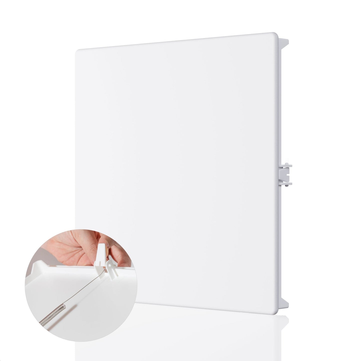 Spring Access Panel for drywall and sheetrock on white background with a closeup of the spring