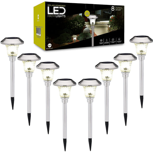 Solar Powered Stainless Steel & Glass Pathway Lights, 8 Pack