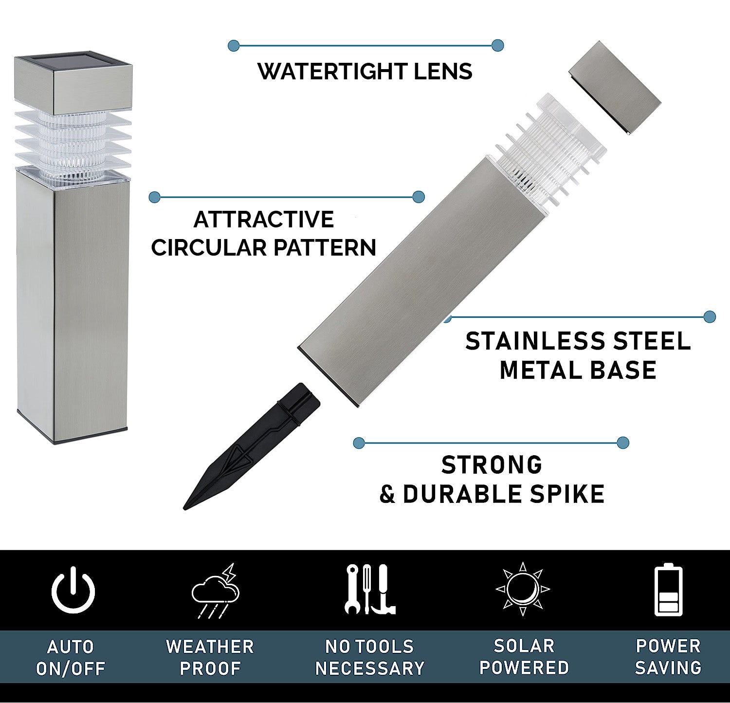 Meteor Solar Path Light Metal Solar Path Lights, Silver, 8 Pack | Morvat