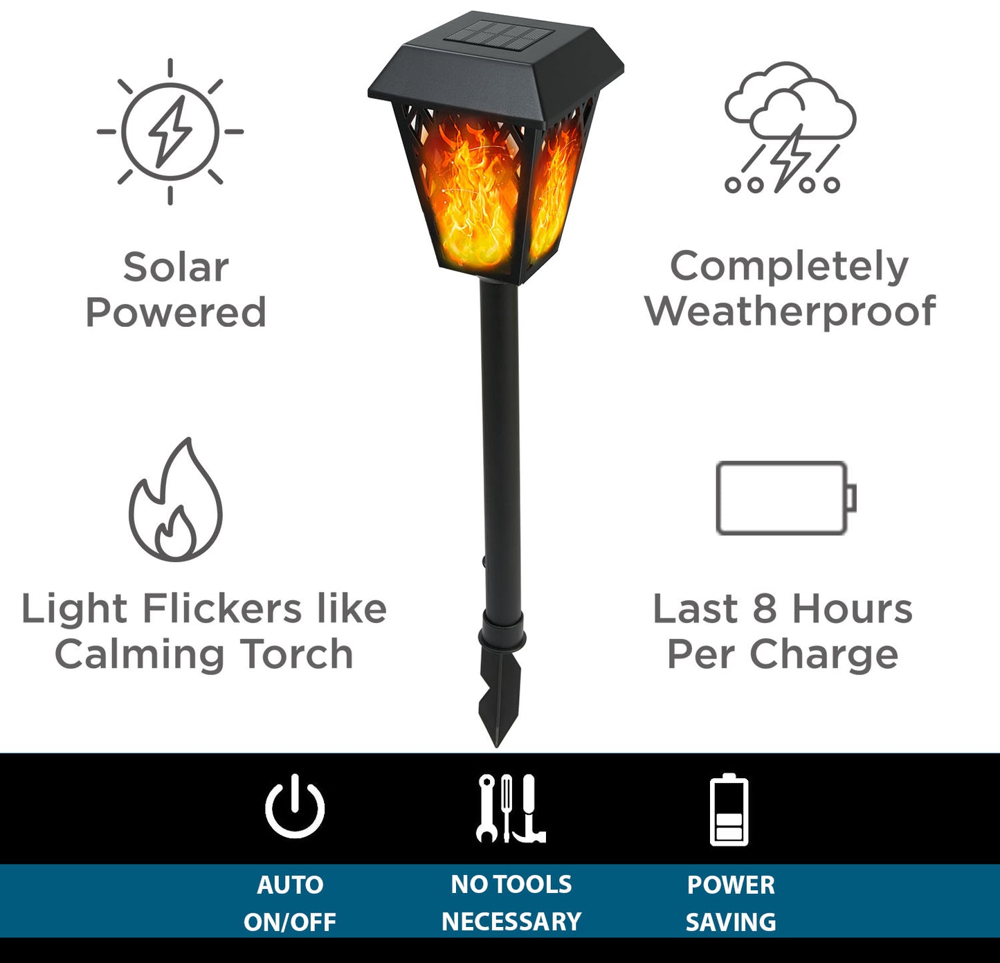 Solar Powered Flame Flickering Torch Pathway Lights, 8 Pack
