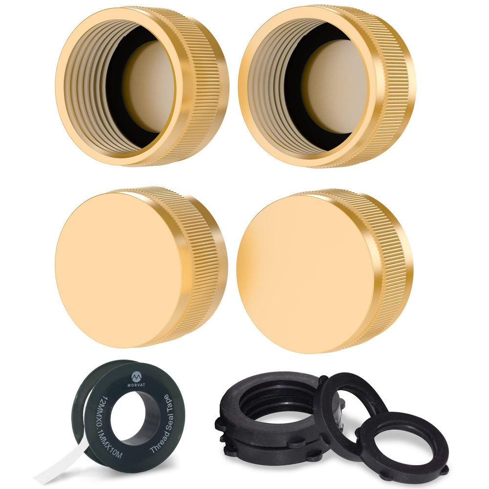 Brass Garden Hose and Faucet Caps, Includes Teflon Tape & Rubber Washers, 4 Pack