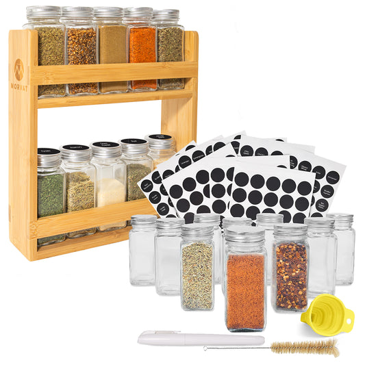 Bamboo Spice Jar Rack with Optional Glass 4oz Jars with Lids, Labels & Funnel