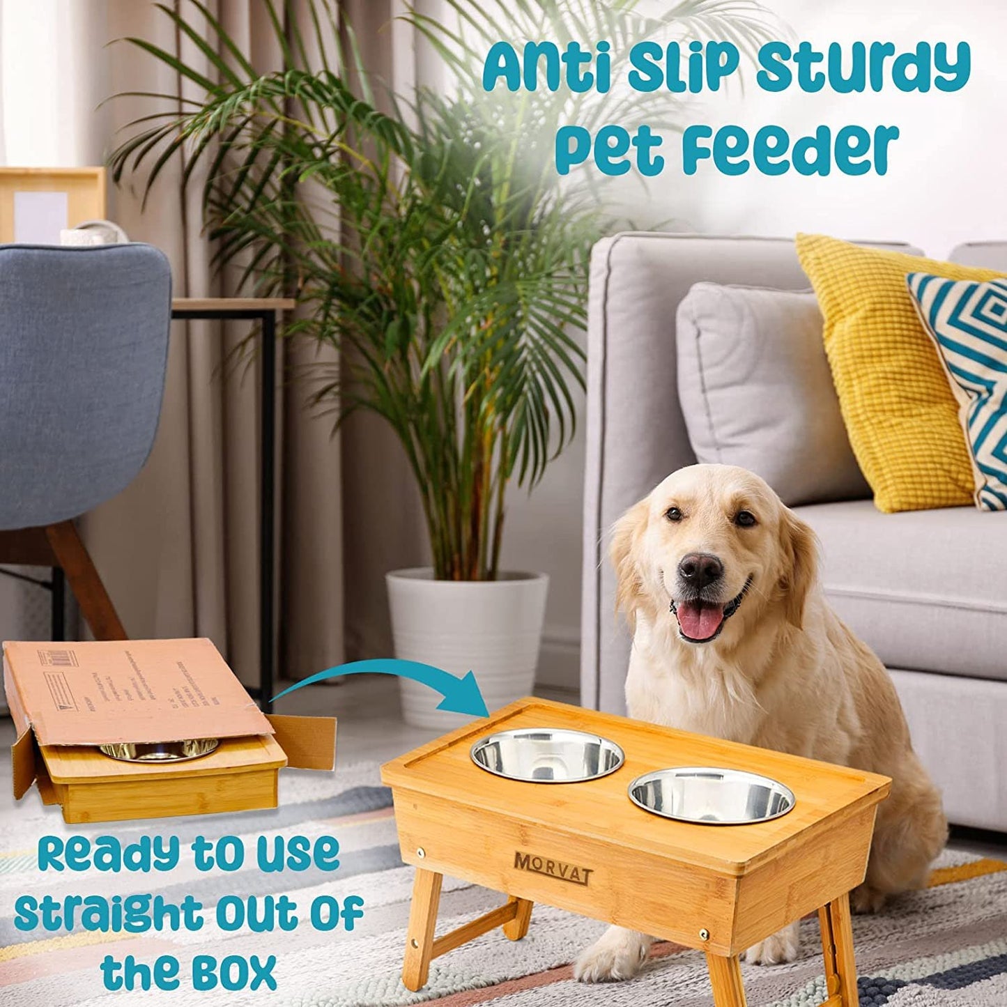Bamboo Double Pet Feeder with Adjustable Height & 4 Stainless Steel Dish Bowls