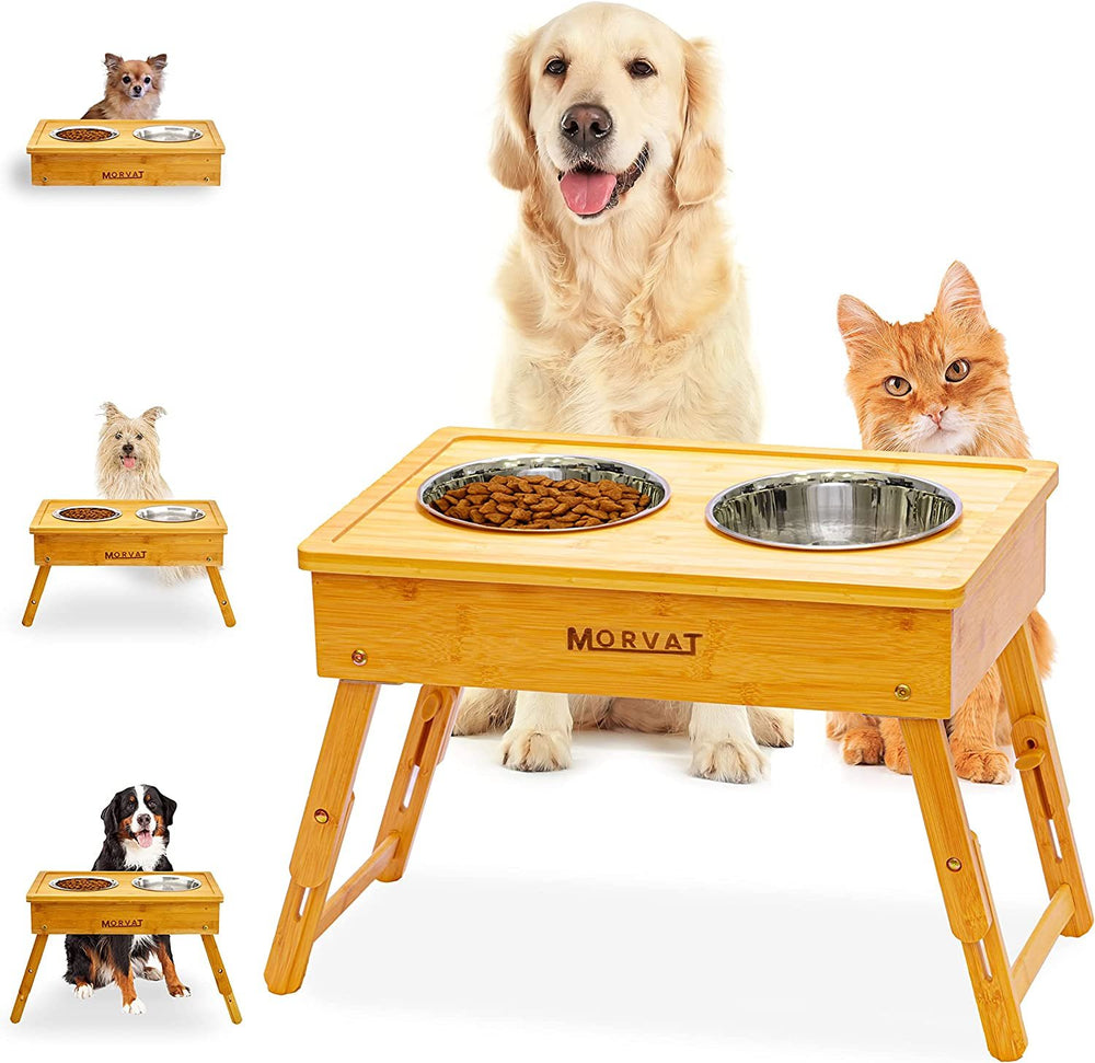 Bamboo Double Pet Feeder with Adjustable Height & 4 Stainless Steel Dish Bowls