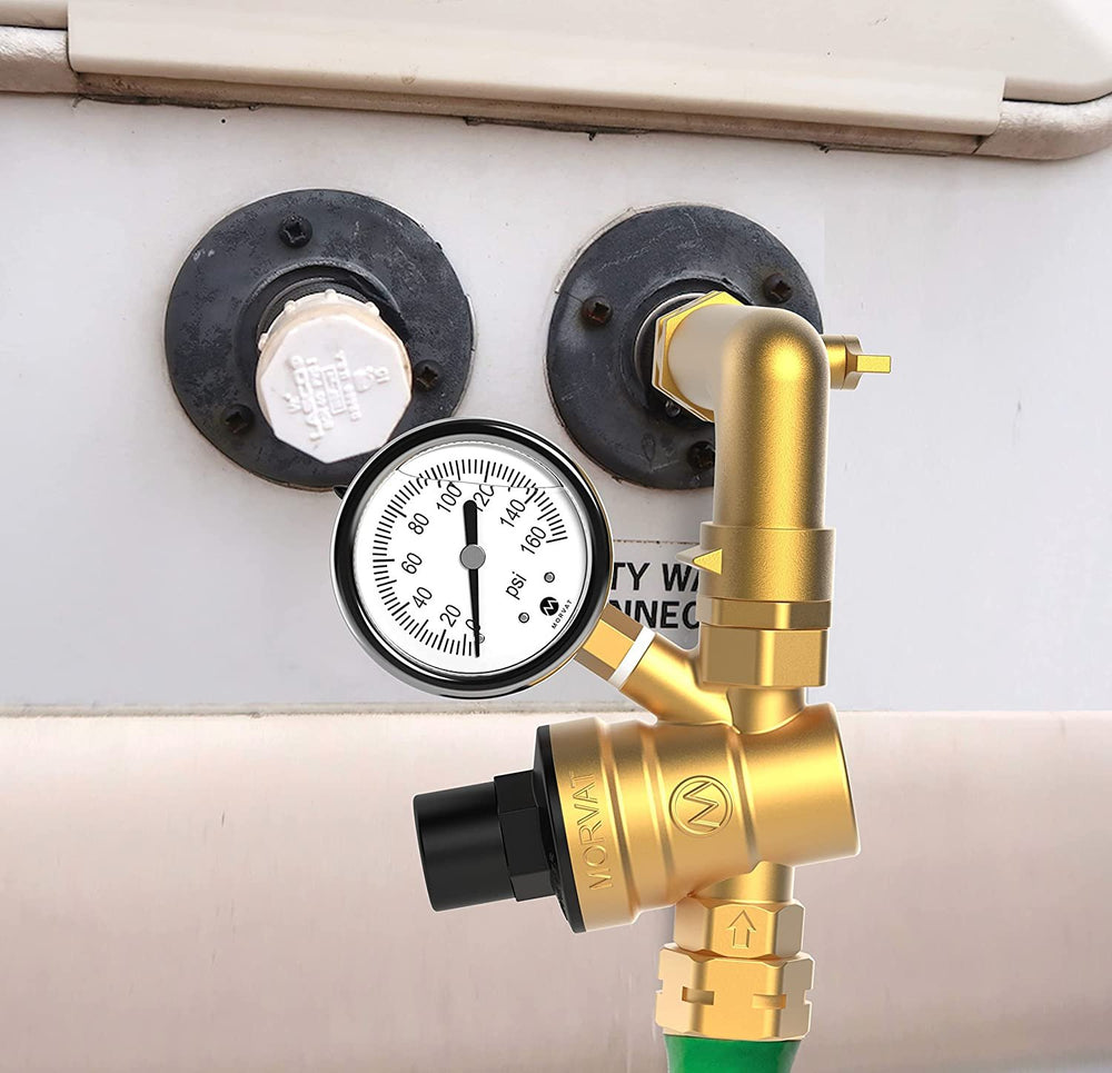 
                  
                    Adjustable Lead-Free Brass RV Water Pressure Regulator with Oil Filled Gauge
                  
                